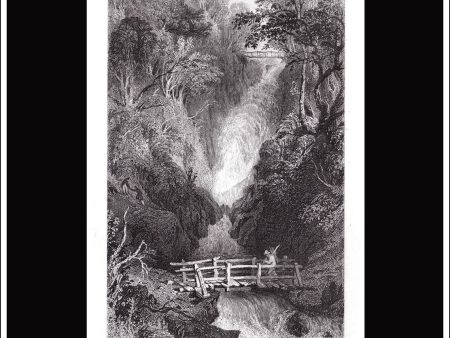 Airey Force, Cumberland, England. Antique Print, Steel Engraving 1833. Online Hot Sale