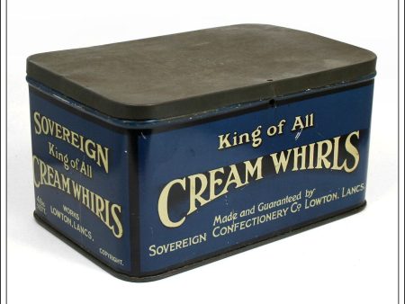 Sovereign Cream Whirls Tin, Sovereign Confectionary Co., Lowton, Lancs. Vintage Advertising Tin. For Cheap