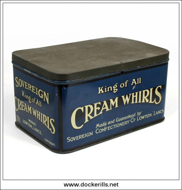 Sovereign Cream Whirls Tin, Sovereign Confectionary Co., Lowton, Lancs. Vintage Advertising Tin. For Cheap