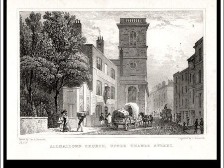 Allhallows Church, Upper Thames Street, London, Middlesex. Antique Print, Steel Engraving 1830. Supply