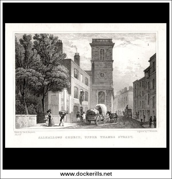 Allhallows Church, Upper Thames Street, London, Middlesex. Antique Print, Steel Engraving 1830. Supply