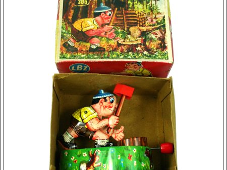 Wood Cutter Saving Bank, Vintage Tin Plate Novelty Money Box   Money Bank Toy, LBZ, West Gemany. Online now