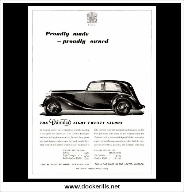 Daimler Light Twenty Saloon. Original Vintage Advert From February 10th, 1937. For Sale