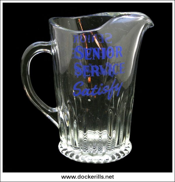 Vintage Senior Service Advertising Glass Jug. Senior Service Satisfy. Blue Writing. Hot on Sale