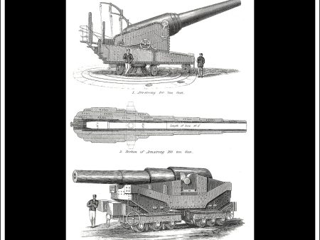 Artillery. Armstrong 100 Ton & Woolwich 81 Ton Guns. Antique Print, Lithograph c. 1875. Discount