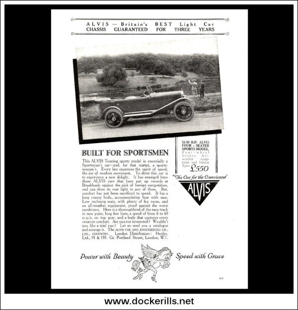 Alvis 12-40 h.p Four Seater Sports Model. Original Vintage Advert From February 27th 1926. Supply