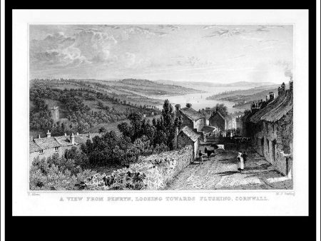 A View From Penryn, Looking Towards Flushing, Cornwall, England. Antique Print, Steel Engraving c. 1830. Cheap