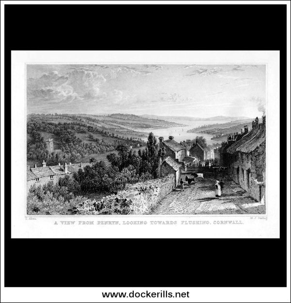 A View From Penryn, Looking Towards Flushing, Cornwall, England. Antique Print, Steel Engraving c. 1830. Cheap