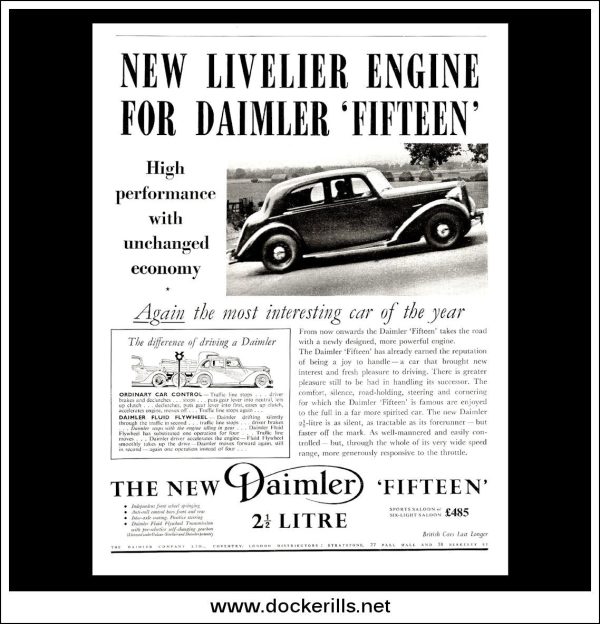 Daimler Fifteen Saloon. Original Vintage Advert From October 19th, 1938. For Sale