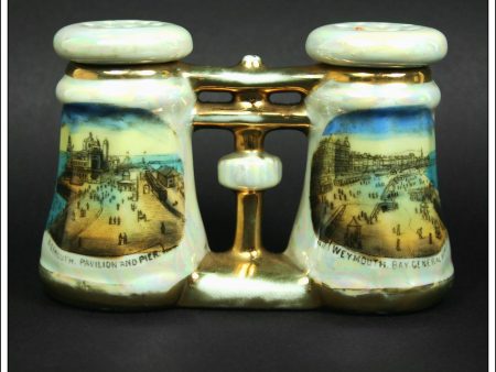 Antique Binocular   Opera Glass Shaped Cruet set, Salt & Pepper Pot. Weymouth Pier, Pavilion & Bay. Seaside Souvenir. on Sale