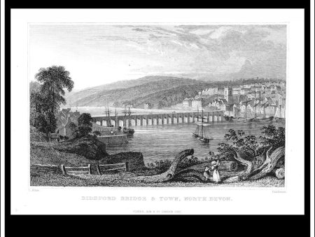 Bideford Bridge & Town, North Devon, Devonshire, England. Antique Print, Steel Engraving 1830. Sale