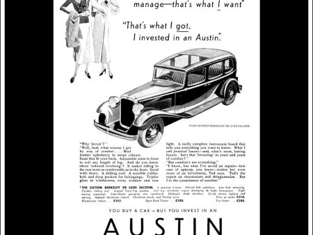 Austin  16  Sixteen Berkeley De Luxe Saloon. Original Vintage Advert From May 17th 1933 on Sale