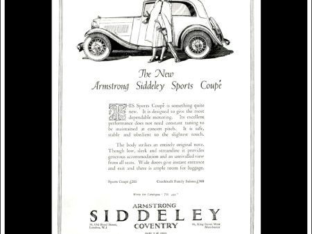 Armstrong Siddeley Sports Coupe. Original Vintage Advert From April 3rd, 1934. Sale