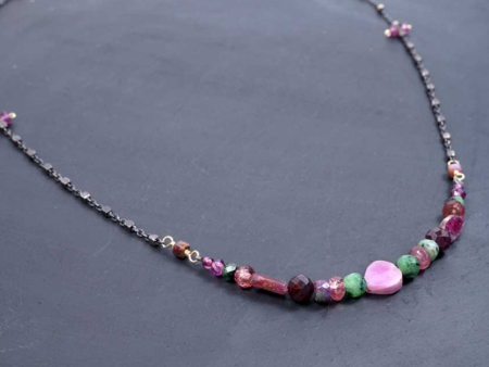 Ruby Zoisite, Pink Sapphire, Garnet, and Pink Tourmaline on Oxidized Silver Chain Necklace on Sale